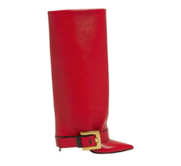 Women Fashion Gold Buckled Pointed Toe Knee High Boots