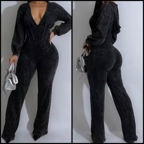 Women Black V-Neck Ribbed Hooded Full Sleeve Jumpsuit