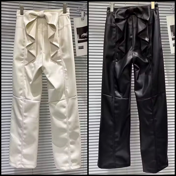 Women Fashion Ruffled Faux Leather Pants