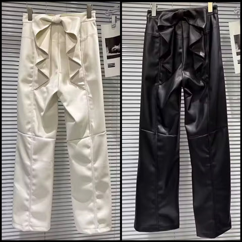 Women Fashion Ruffled Faux Leather Pants