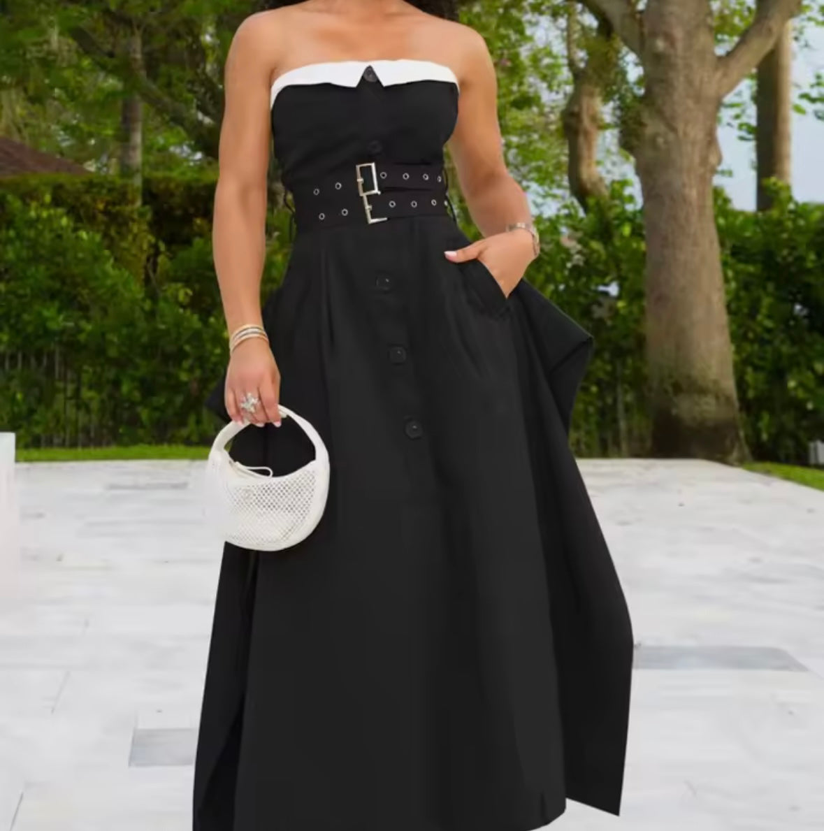 Women Sexy Strapless Button Up Color Patchwork Belted Dress