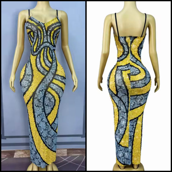 Women Sexy Color Patchwork Sleeveless Rhinestone Maxi Dress