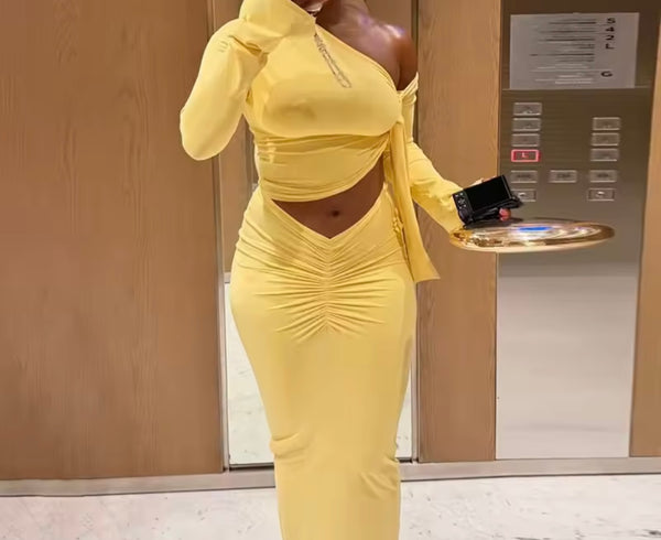 Women Sexy Yellow Ruched Full Sleeve Two Piece Maxi Skirt Set