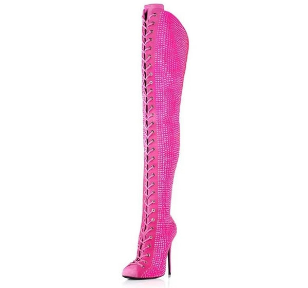 Women Pink Lace Up Rhinestone Fashion Knee High Boots