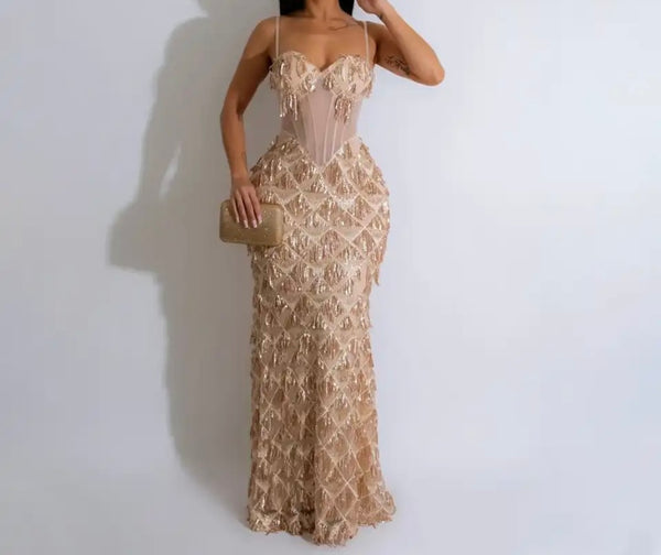 Women Sexy Sequins Tassel Sleeveless Maxi Dress