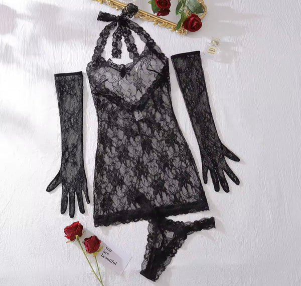 Women Sexy Black Lace See Through Glove Lingerie Set