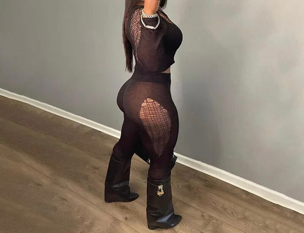 Women Black Fashion Full Sleeve Ripped Two Piece Pant Set
