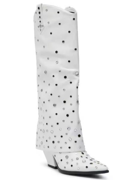Women Fashion White Bling Rivet Knee High Western Boots