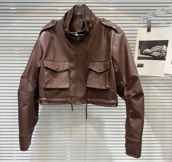 Women Color Fashion Faux Leather Jacket