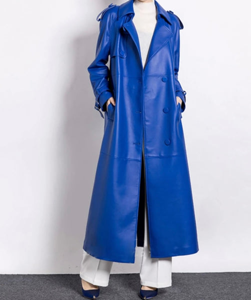 Women Blue Faux Leather Fashion Trench Jacket