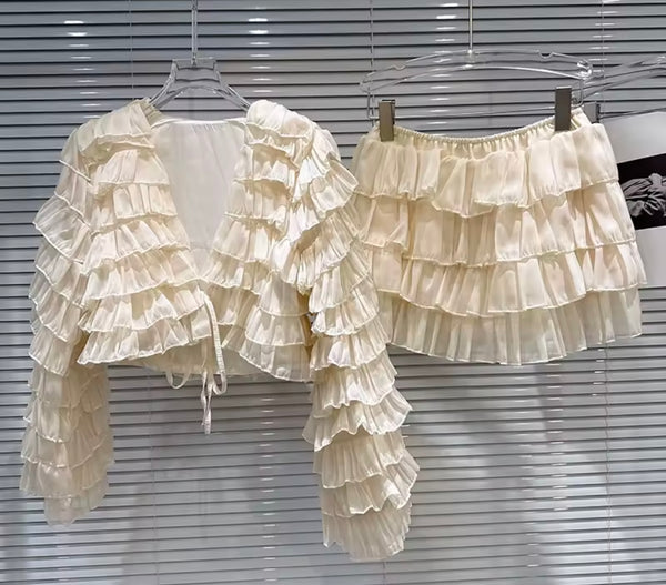 Women Sexy Ruffled Full Sleeve Two Piece Skirt Set