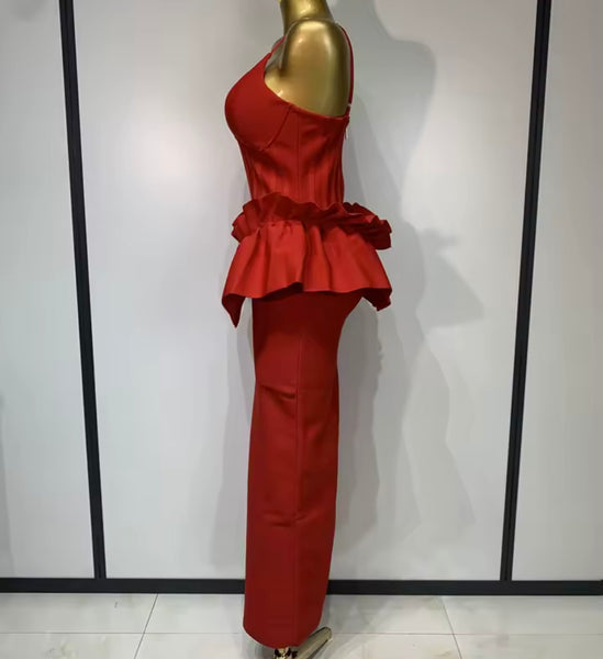 Women Red Sexy Sleeveless Ruffled Maxi Dress