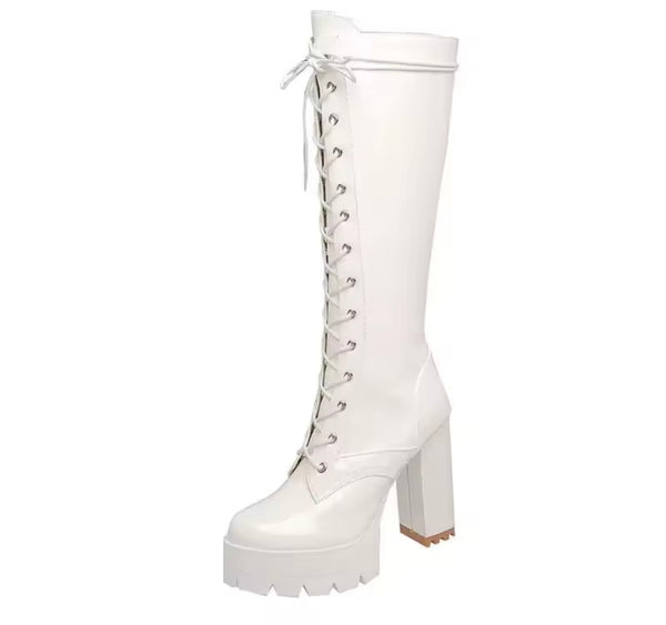 Women Fashion Patent Leather Lace Up Platform High Heel Boots