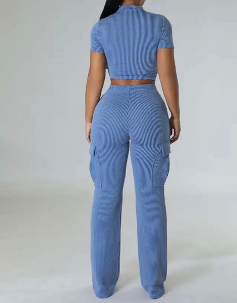 Women Solid Color Ribbed Short Sleeve Crop Two Piece Pant Set