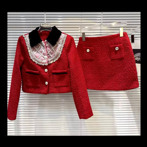 Women Red Bling Button Up Full Sleeve Blazer Two Piece Skirt Set