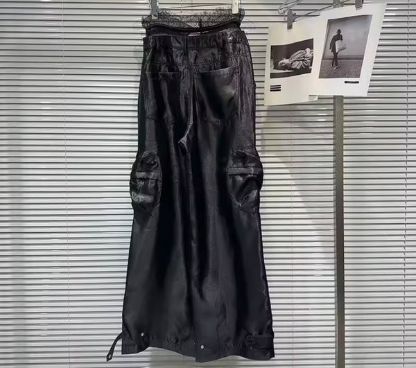 Women Fashion Black Lace Satin Cargo Pants