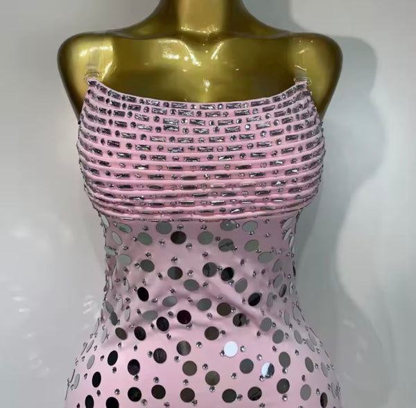 Women Sexy Sleeveless Pink Ruffle Beaded Sequins Dress