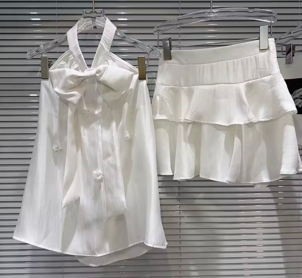 Women Bow Halter Sleeveless Ruffled Two Piece Skirt Set