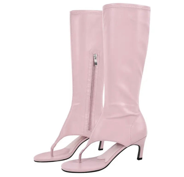 Women Fashion Faux Leather Open Toe Knee High Boots