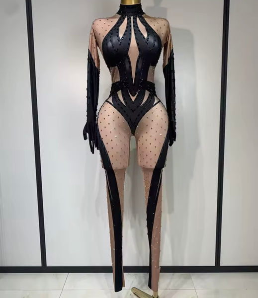 Women Rhinestone Color Patchwork Mesh Full Sleeve Jumpsuit