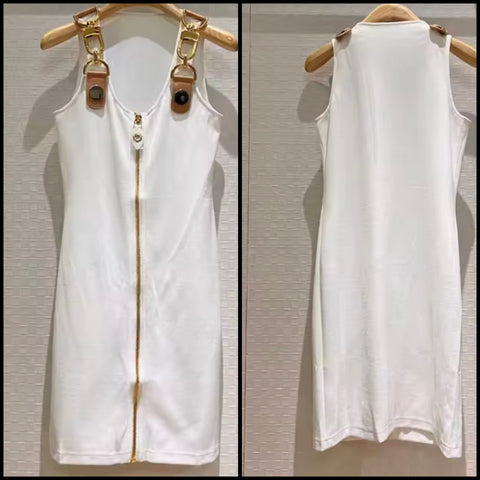 Women Fashion Gold Buckled Sleeveless Zip Up Dress