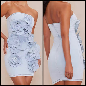 Women Sexy Strapless 3D Floral Denim Dress