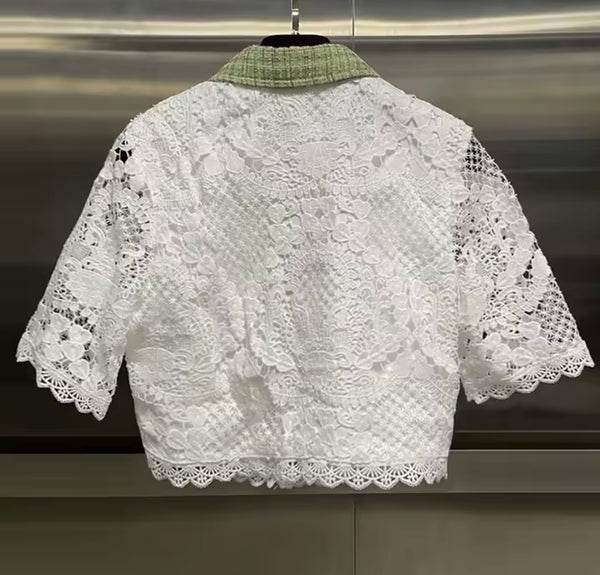 Women Button Up Short Sleeve Tweed Lace Two Piece Skirt Set