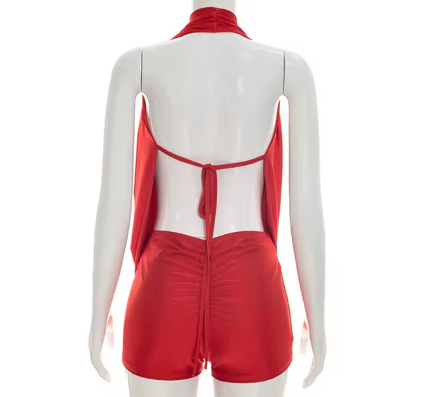 Women Sexy Draped Halter Sleeveless Open Back Romper
