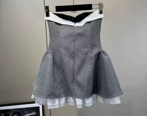 Women Bow Strapless Gray Two Piece Fashion Short Set
