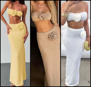 Women Sexy Knitted Strapless 3D Floral Two Piece Maxi Skirt Set