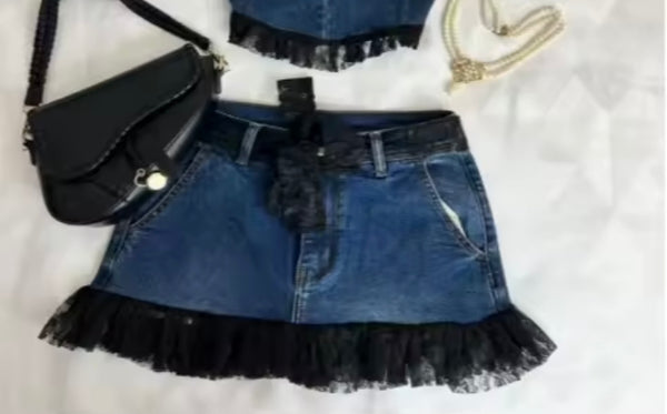 Women Sexy Strapless Denim Lace Patchwork Two Piece Skirt Set