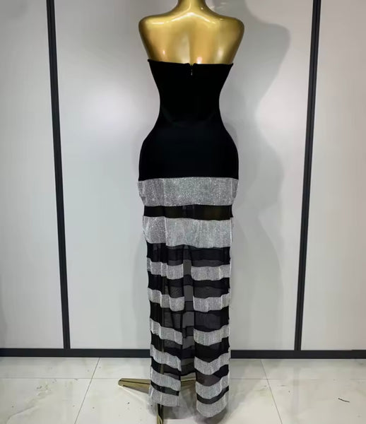 Women Sexy Strapless Black Bling Patchwork Maxi Dress