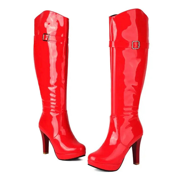 Women Fashion Round Toe Patent Leather Platform Knee High Boots