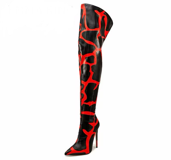 Women Color Patchwork Faux Leather Over The Knee Boots
