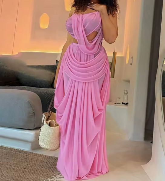Women Pink Sexy Sleeveless Draped Two Piece Maxi Skirt Set