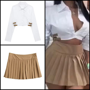 Women Fashion Buckled Full Sleeve Two Piece Pleated Skirt Set