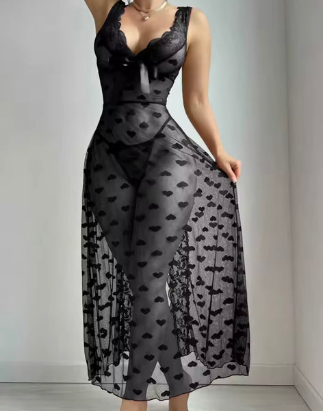 Women Sexy Heart Print Mesh Nightgown Lingerie Set