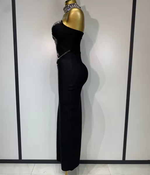 Women Sexy Choker Strapless Gray Rhinestone Maxi Dress