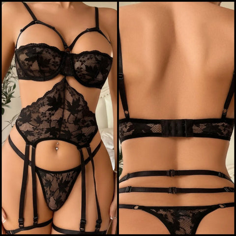 Women Black Sexy Lace Cut Out Lingerie Set