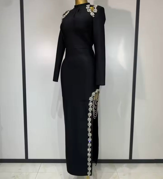 Women Black Rhinestone Floral Chain Full Sleeve Side Split Maxi Dress