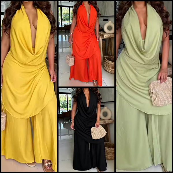 Women Sexy Halter Draped Sleeveless Two Piece Pant Set