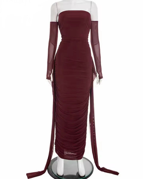 Women Sexy Off The Shoulder Mesh Full Sleeve Ruched Maxi Dress
