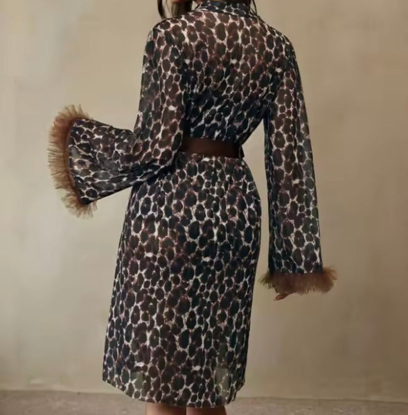 Women Sexy Brown Leopard Print Three Piece Lingerie Set