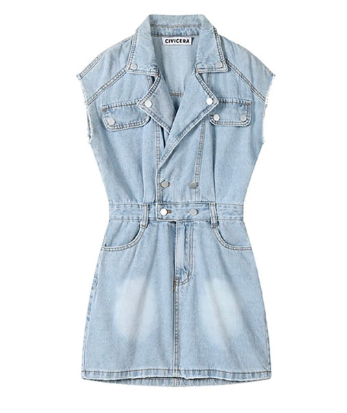 Women Sexy Fashion Button Sleeveless Denim Dress