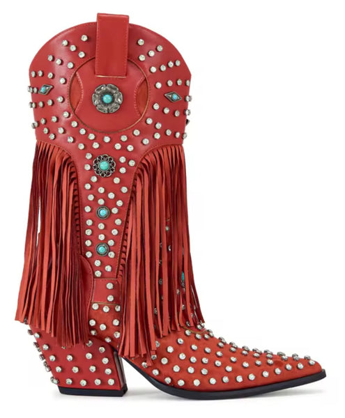 Women Color Rhinestone Fringe Tassel Fashion Western Boots
