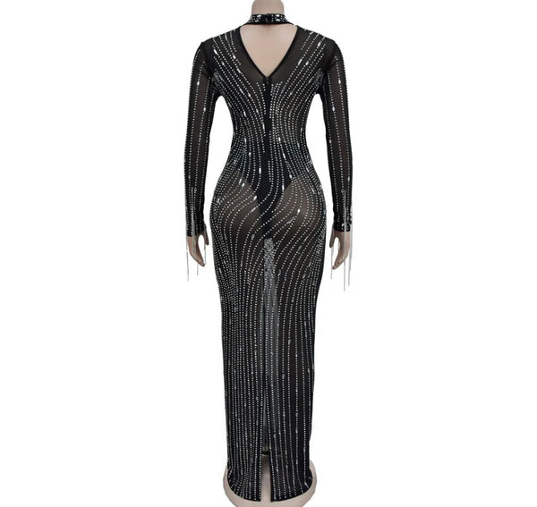 Women Sexy Mesh Bling Full Sleeve Maxi Dress