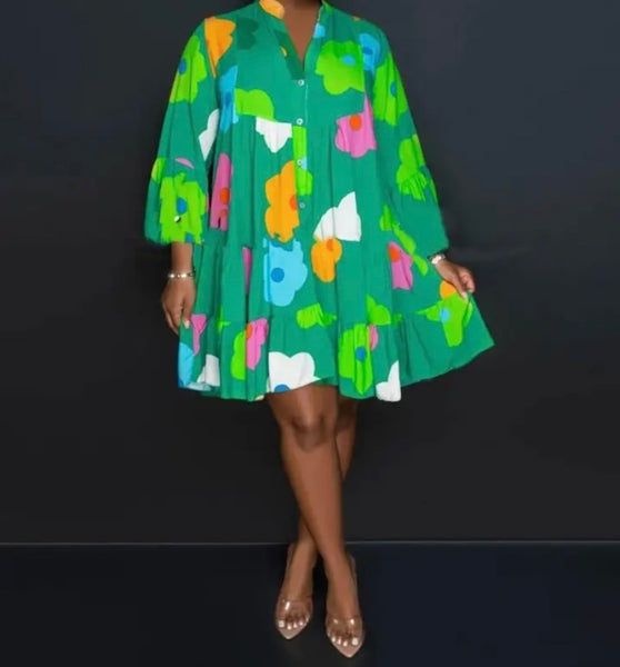 Women Button Up Floral Print Sexy Ruffled Dress