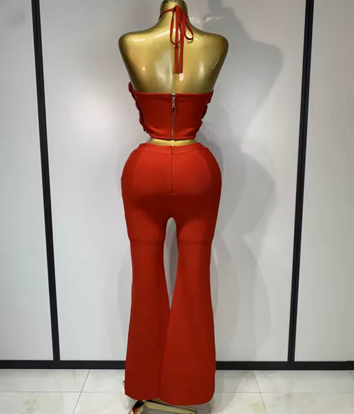 Women Fashion 3D Floral Halter Sleeveless Two Piece Pant Set