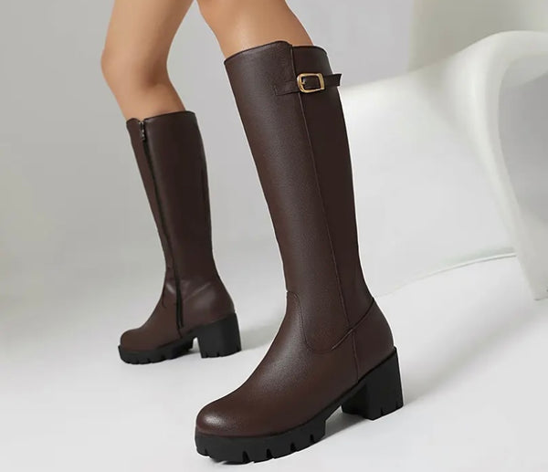 Women Fashion Round Toe Buckled Faux Leather Knee High Boots