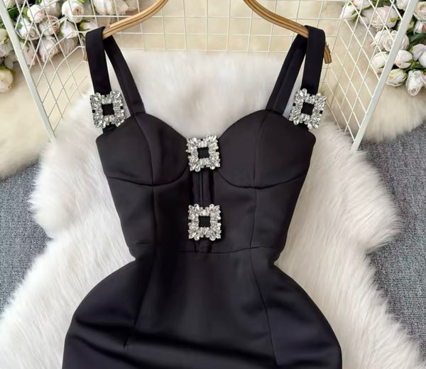 Women Black Bling Rhinestone Sleeveless Sexy Dress